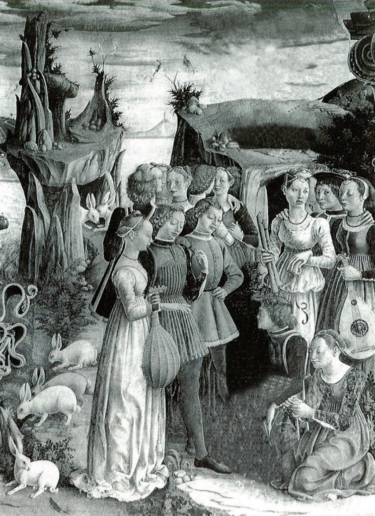آوریل: گروه عشاق (بعضی از زنان لوت و ریکوردر در دست دارند.) منبع: تالار ماه‌های کاخ شیفانویا در فرارا، فرانچسکو دل کوزا، ۱۴۷۰