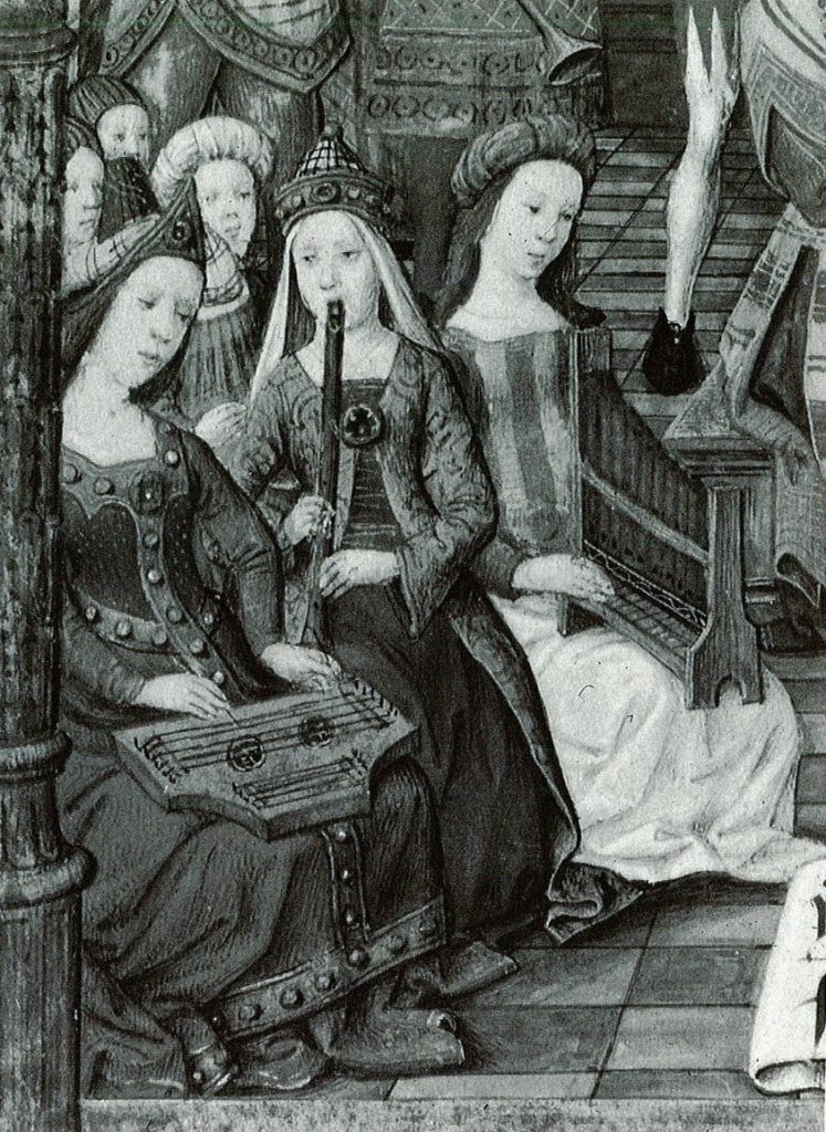  سه زن جوان در حال اجرای آهنگ کلاودین دو سرمیسی با عنوان «همۀ لذتی که به تو خواهم داد» اثری از استادِ نماهای سه‌رخ، متعلق به تقریباً سال ۱۵۳۰. دو نوازنده در حال نواختن فلوتی چوبی و لوت هستند و نفر سوم نیز ظاهراً آمادۀ خواندن است.