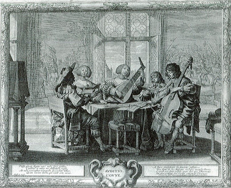 حسّ شنیدن، آبراهام بُس، ۱۶۳۶ در این کنسرت خانوادگی، پنج عضو احتمالاً در حال خواندن آهنگی مادریگال هستند. دو نفر از این خواننده‌ها آوازها را با نواختن سازهای لوت و ویولا دا گمبا همراهی می‌کنند.